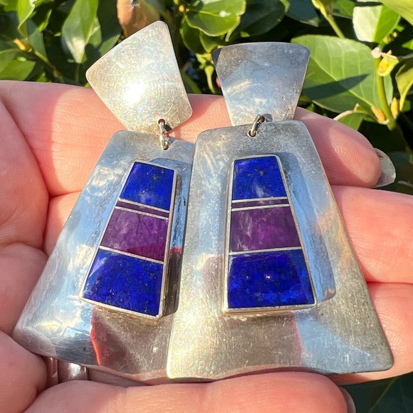 VINTAGE NAVAJO NATIVE AMERICAN SUGILITE LAPIS HUGE DROP DANGLE EARRINGS 925 SS